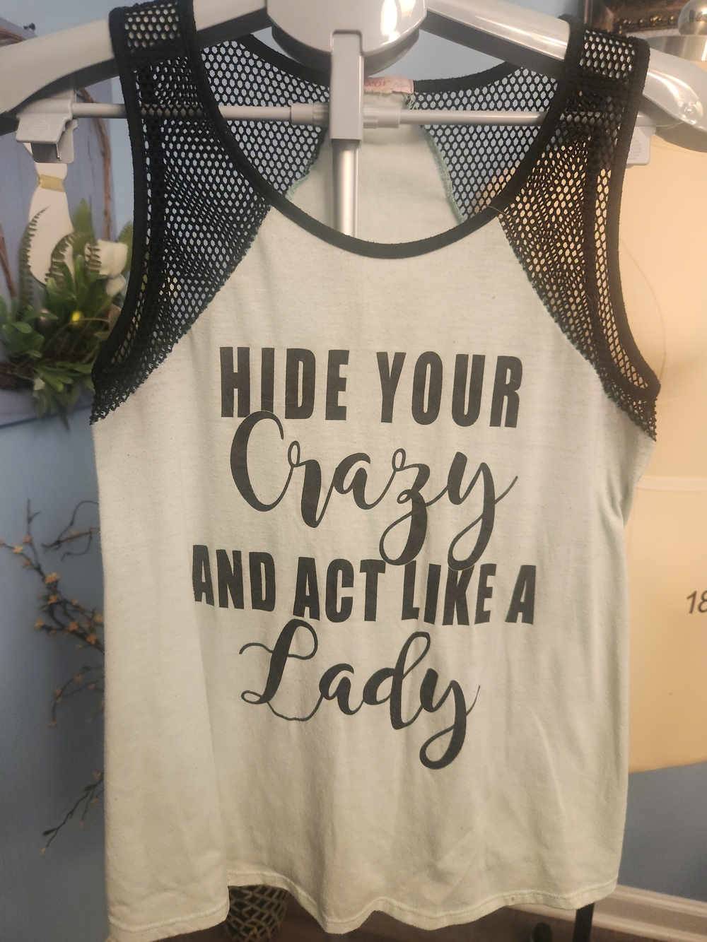 Cream Graphic Tank with Black Mesh Racerback - Hide Your Crazy